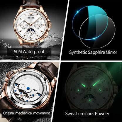 OUPINKE Men's Watches Casual Trend Leather Strap Original Automatic Mechanical Watch for Man Waterproof Moon Phase Calendar New