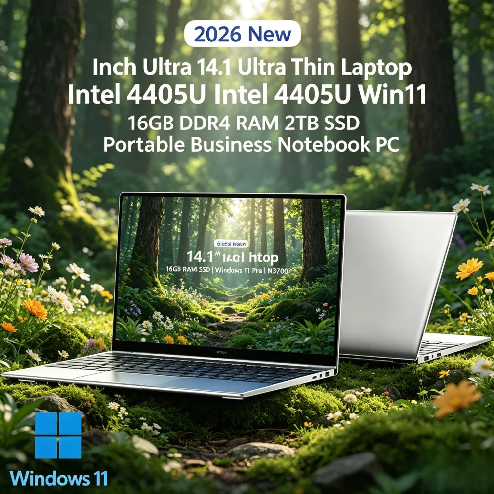 2026 New 14.1 Inch Ultra Thin Laptop Intel 4405U Win11 16GB DDR4 RAM 2TB SSD Portable Business Notebook PC