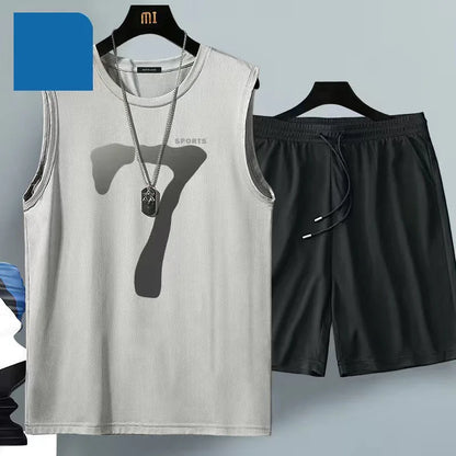 Summer sleeveless basketball jersey, casual wear, breathable short-sleeved two-piece sports shirt + running shorts