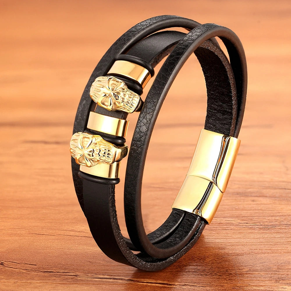 XQNI Luxury Vintage Multilayer Leather Men Bracelet Bead Bracelet Stainless Steel Charm Jewelry Male Wrist Bangle Birthday Gift