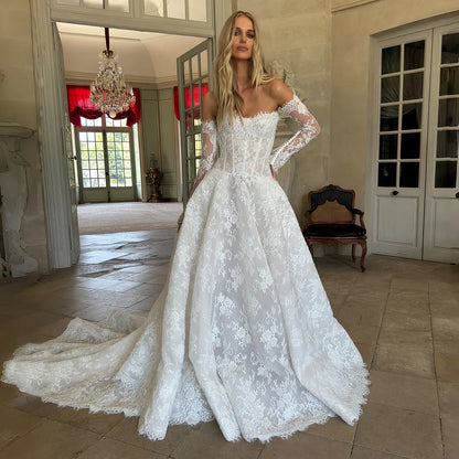 Luxury Lace A-line Wedding Dress Strapless Tight corset Strap Detachable Long Sleeve Bride Dress Romantic Ball Dress Customized