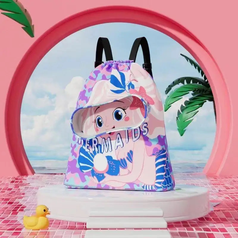 Portable Kids Swimming Bag Waterproof Dry Wet Separation Backpack with Cartoon Print, Essential Organizer for Children's Sports