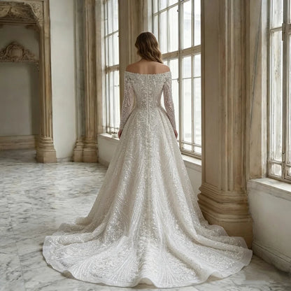 Custom Luxury Square Neck Long Sleeve Beaded Ball Gown Wedding Dress 2026 Cathedral Train Bridal Gown Plus Size Vestido De Novia