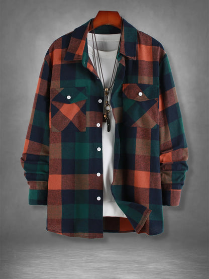 Men's Retro Orange Green Plaid Flannel Shirt Spring Fall Loose Casual Button-Down Jacket
