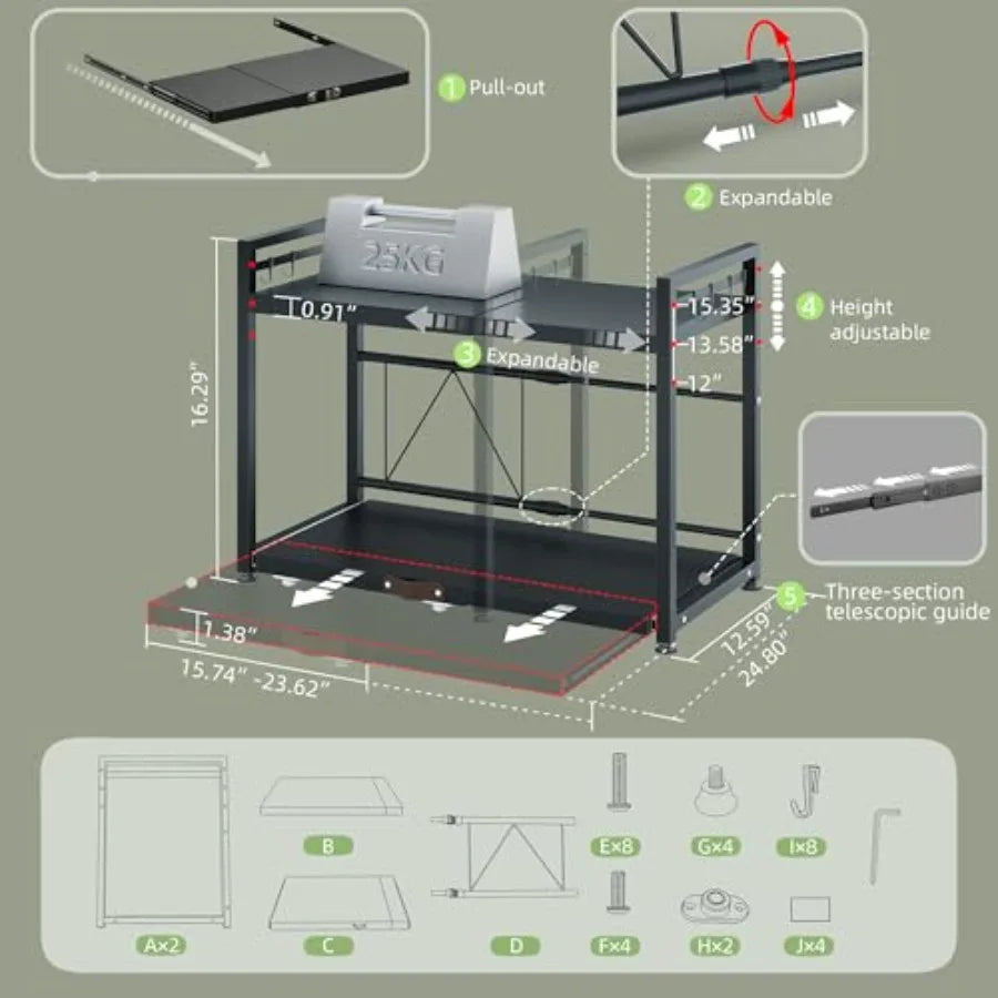 Expandable Microwave Stand, Metal Kitchen Countertop Organizer Shelves with 8 Hooks, Bakers Rack, Pull-Out Microwave Shelf, 55l