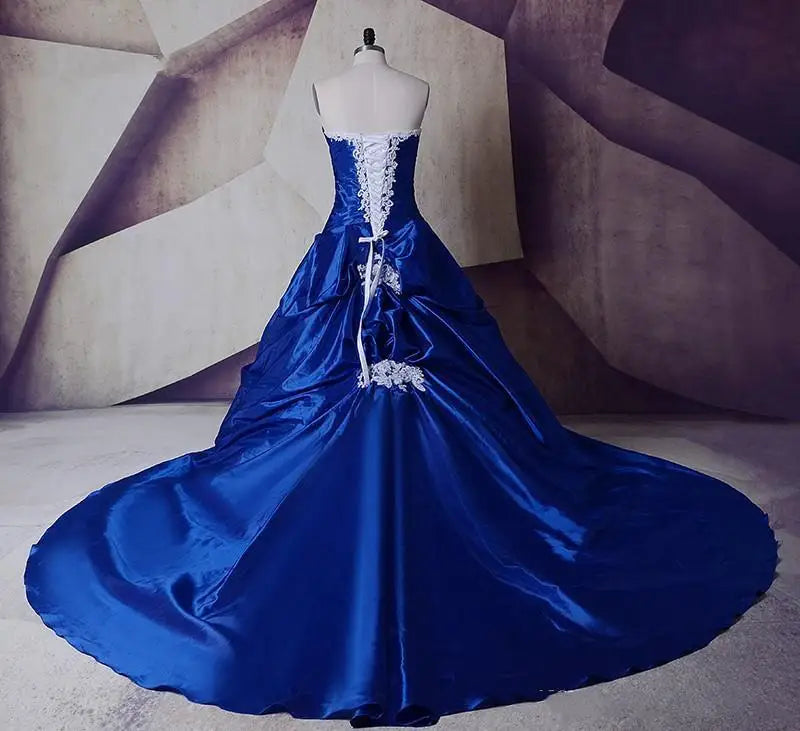 Chapel White And Royal Blue Satin Wedding Dresses Sweetheart Ruched Lace-Up Corset Plus Size Long Bridal Gowns Customized