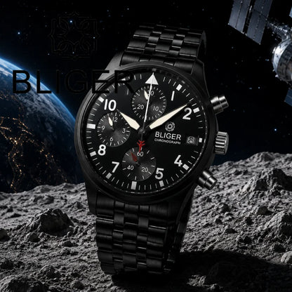 BLIGER Full Black Brushed 38mm VK67 Quartz Aviator Chronograph Watch For Men Domed Sapphire Glass Luminous Dial Waterproof Date