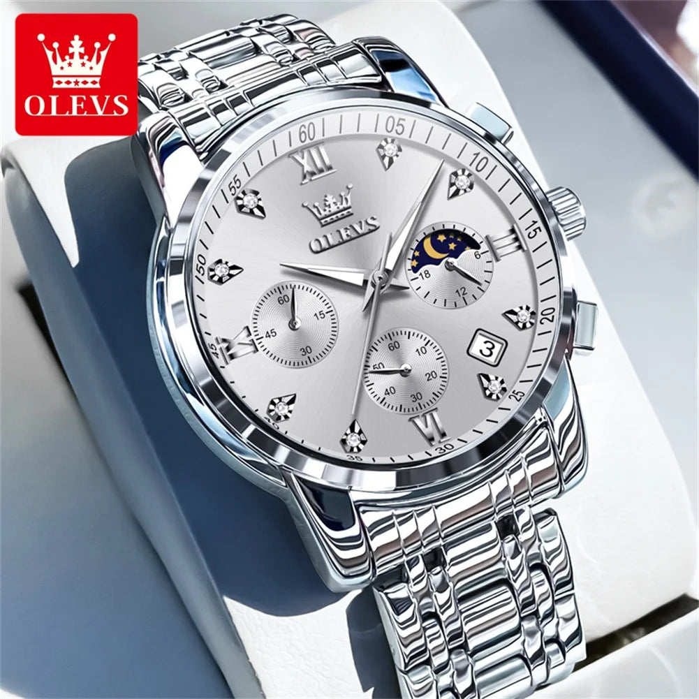 OLEVS Popular men's watches stainless steel black Moon Phase Chronograph quartz watch for man date Original brand wristwatch