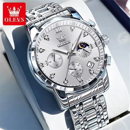 OLEVS Popular men's watches stainless steel black Moon Phase Chronograph quartz watch for man date Original brand wristwatch