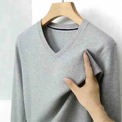 All-season Men's Light Gray V-neck Long Sleeve Knitwear Comfortable Casual Pullover for All Occasions