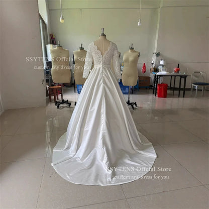 SSYTENS Customized Elegant Women's V-Neck Wedding Dressees Lace Applique Long Sleeved Elegant A-Line Bridal Gowns Formal Party