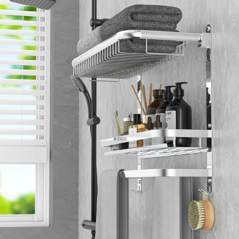 23.22 Inch Wall-Mounted Stainless Steel Towel Bar with Shower Shelves, No Drilling Required (Silver)