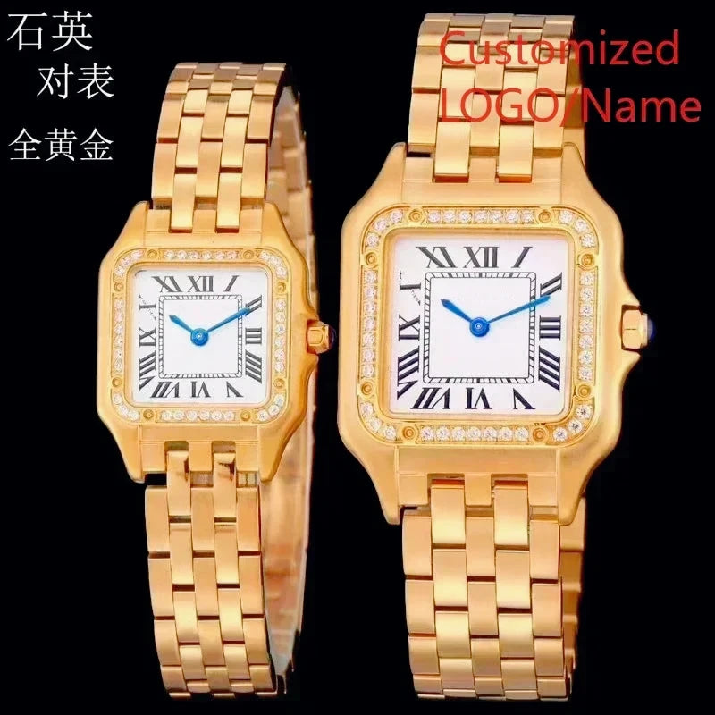 Stylish Panthere Inspired Couple Watch Precise Quartz Movement Elegant Yellow Gold Diamond Bezel Wear Resistant Silver Stainless