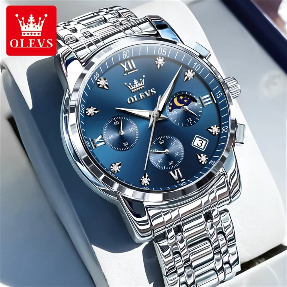 OLEVS Popular men's watches stainless steel black Moon Phase Chronograph quartz watch for man date Original brand wristwatch