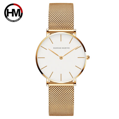 Women's Watch Hannah Martin Brand Stainless Steel Mesh Strap 36mm Silver Minimalist Dial Japanese Quartz Movement 6.9mm Slim Clock 3Bar Life Waterproof Local Fast Shipping Women Watch