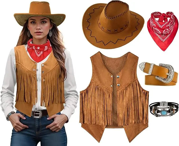 Women Men Cowgirl Costume Western Vest Hat Belt Bandana Set for Cowboy Tassels Fringe Vest Halloween Outfits Wild West Cosplay