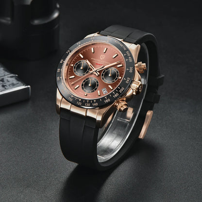 PAGANI DESIGN Men Quartz Chronograph Watch RoseGold Case Black Ceramic Bezel Brown Dial Rubber Strap Waterproof Sports watch+box