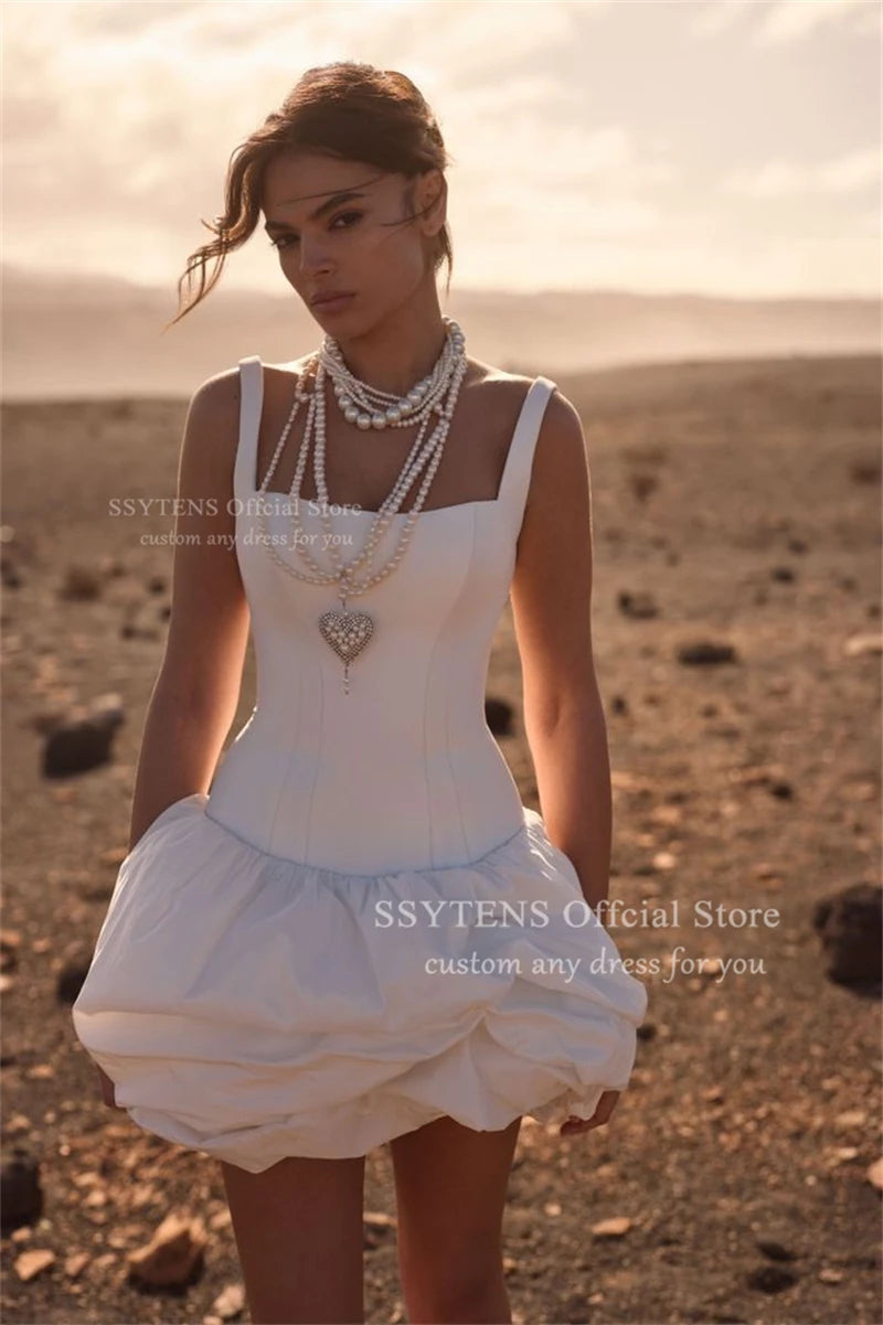 SSYTENS White Mini Wedding Dresses Women Square Collar Satin Bridal Dress Short Evening Wedding Ball Prom Gowns 2026 Customized
