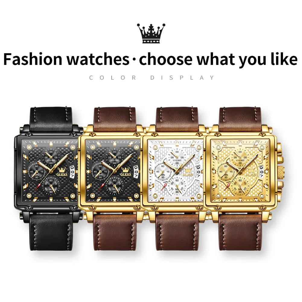 OLEVS brand mens watches waterproof Leather strap chronograph quartz watch for man date gold square dial genuine male wristwatch