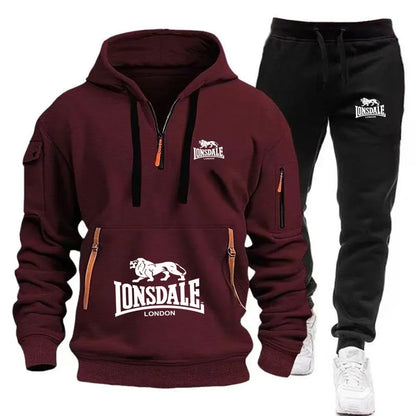 LONSDALE Men's Kangaroo Pocket Hoodie Set 2026 New Autumn Winter Fleece Sweatshirt + Sports Pants 2 Piece Tracksuit Casual Fitne