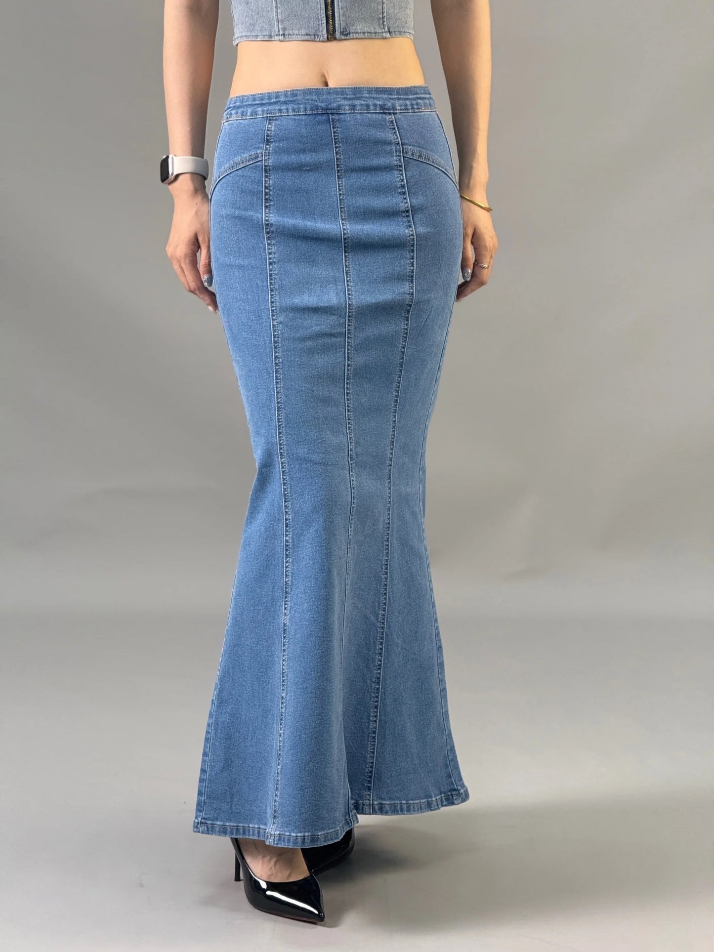 Hot girl high waisted denim fish tail hip hugging skirt for women in 2025 summer new design long dress style