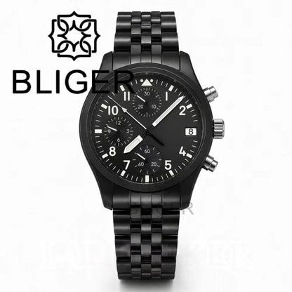 BLIGER Full Black Brushed 38mm VK67 Quartz Aviator Chronograph Watch For Men Domed Sapphire Glass Luminous Dial Waterproof Date