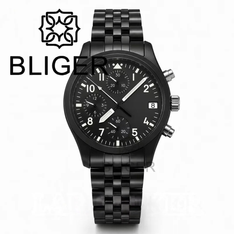 BLIGER Full Black Brushed 38mm VK67 Quartz Aviator Chronograph Watch For Men Domed Sapphire Glass Luminous Dial Waterproof Date