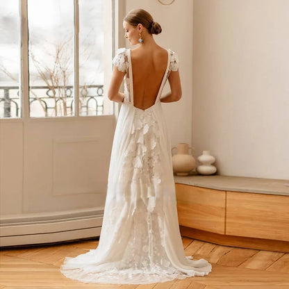2025 New V-neck Embroidered Chiffon Wedding Dress Colored Decal Dew Back A-line Bridal Dress Customization