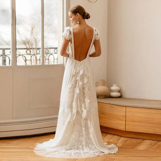 2025 New V-neck Embroidered Chiffon Wedding Dress Colored Decal Dew Back A-line Bridal Dress Customization
