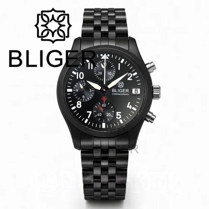 BLIGER Full Black Brushed 38mm VK67 Quartz Aviator Chronograph Watch For Men Domed Sapphire Glass Luminous Dial Waterproof Date