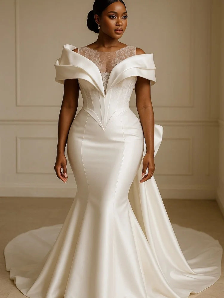 Customized 2026 African Style Mermaid Wedding Dress Luxury Satin Shoulder Design Lace Decoration Backless Strap Vestido De Novia