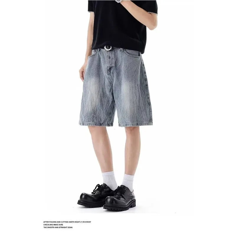Mens Denim Shorts Jorts Wide Leg Baggy Loose Fit Retro Vintage Summer Casual Straight Comfy Five