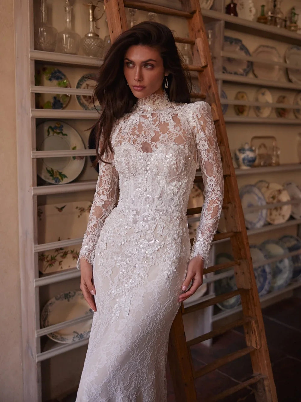 Customized Elegant Lace Long Sleeve Mermaid Wedding Dress Detachable Train Luxury High Collar Beaded Wedding Bride Dress