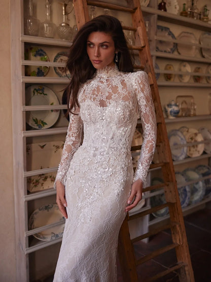Customized Elegant Lace Long Sleeve Mermaid Wedding Dress Detachable Train Luxury High Collar Beaded Wedding Bride Dress