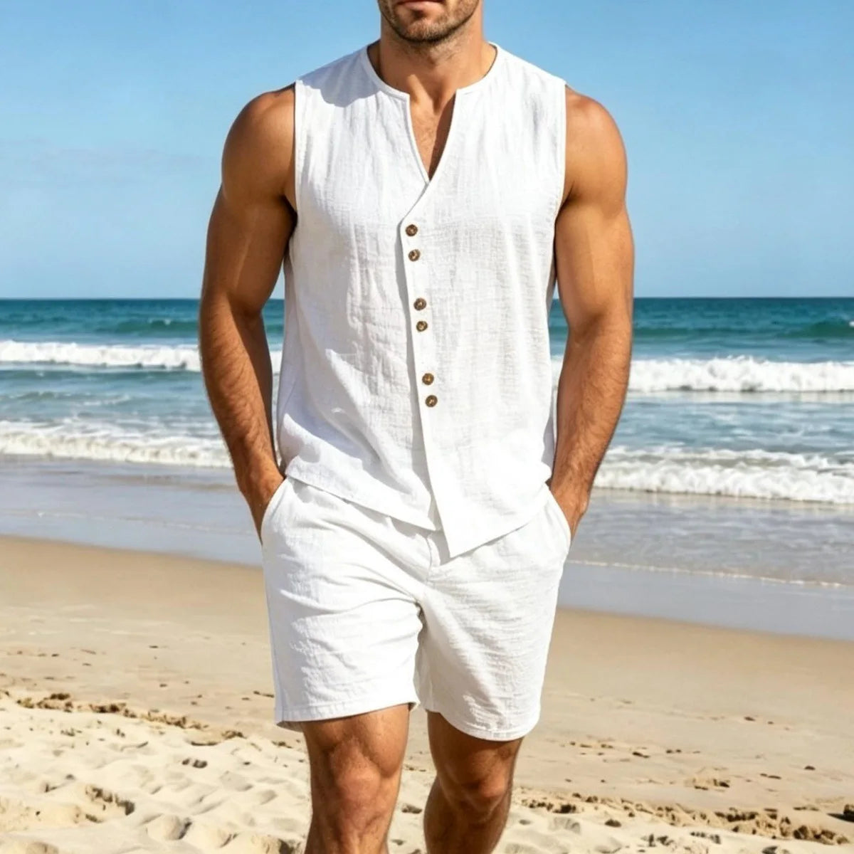 Men Simple Solid Linen Sleeveless Vest Shirt Shorts Set Summer Beach Casual Outfit