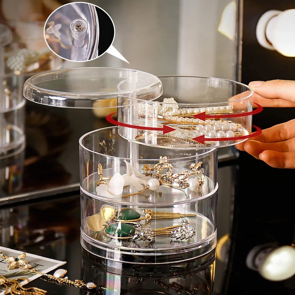360 Rotating Jewelry Organizer Clear Plastic Storage Box Compact Multi-Layer Earring Ring Holder Dustproof Desktop Display Case