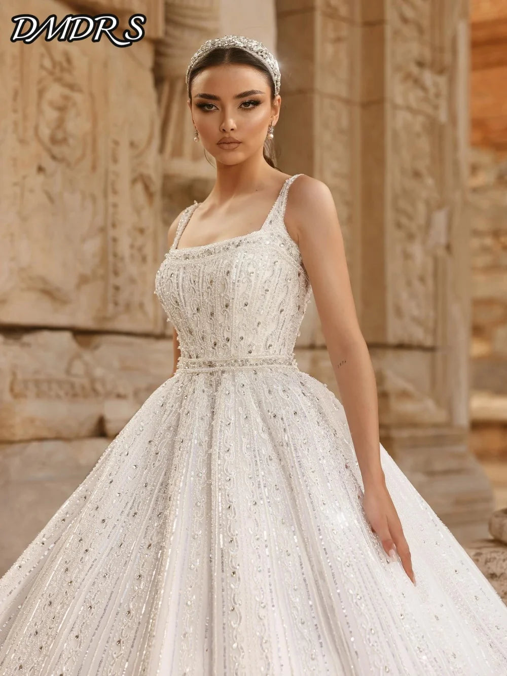 Sexy Spaghetti Strap Bridal Gown 2026 Graceful Sleeveless Wedding Dress Shiny A-Line Beaded Sequin Floor-Length Gown Customized