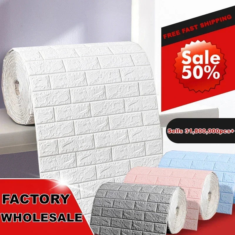3D Self-Adhesive Wallpaper 70cm*1/5/10m Waterproof Brick Wall Stickers Living Room Bedroom Children's Room Home Decoration