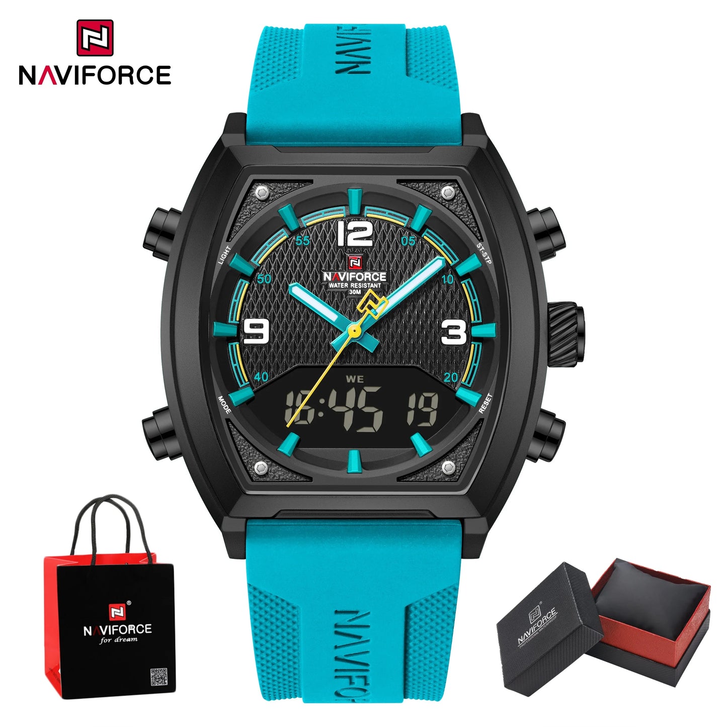 NAVIFORCE Men Dual Display Watch 3ATM Waterproof Luminous Silicone Strap Sport Casual Wristwatch Gifts box