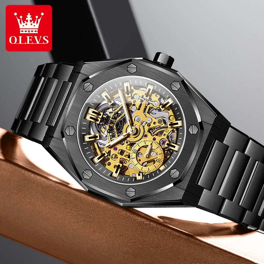 OLEVS 6669 Fully Hollow Men's Watch Octagonal Bezel Luxury Automatic Mechanical Watch Men's 30M Waterproof Man Wristwatches