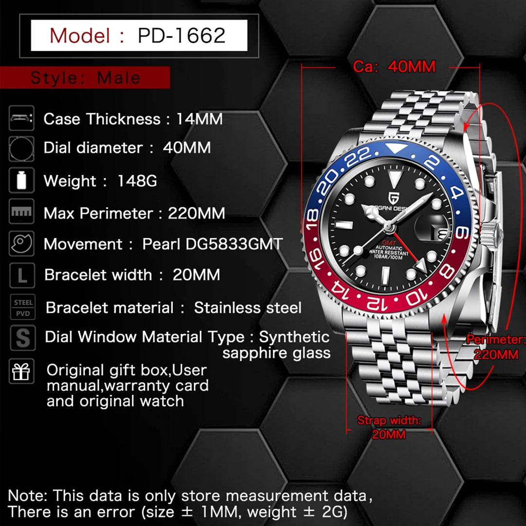 New PAGANI DESIGN GMT Watch Men's Luxury Sapphire Automatic Mechanical Watch 40MM Stainless Steel Waterproof Gift Box Watch