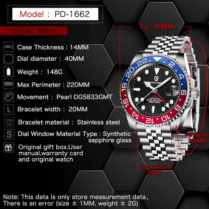 New PAGANI DESIGN GMT Watch Men's Luxury Sapphire Automatic Mechanical Watch 40MM Stainless Steel Waterproof Gift Box Watch