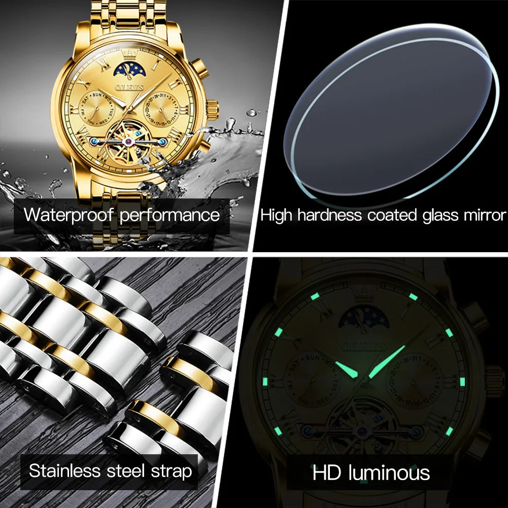 OLEVS 6617 Men's Classic Mechanical Watch Waterproof Business Stainless Steel Strap Watch  Sun And Moon 30M Waterproof Watch