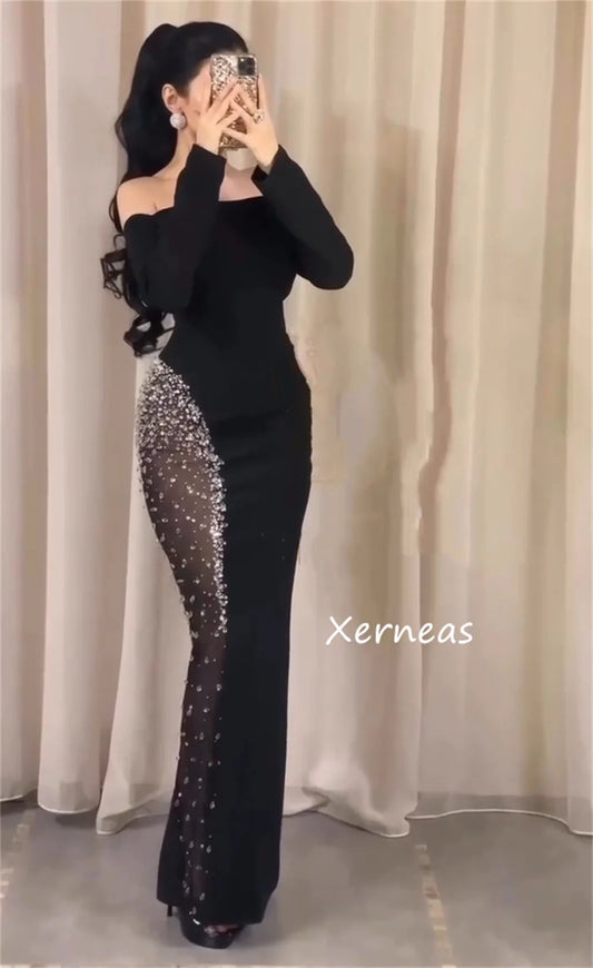 Customized Elegant Jersey Sequined Pleat Column Off-the-shoulder Long Dresses Bespoke Occasion Evening Chinese Style