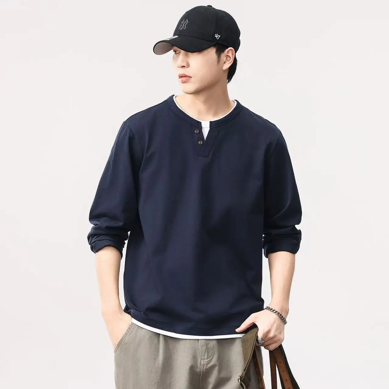 New Spring and autumn men long-sleeved solid color shirt, stand-up collar comfortable button-down fashionable slim shirt S-2XL