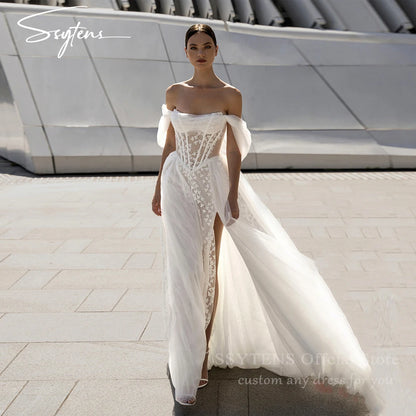 SSYTENS Vintage Boho Wedding Dresses Off Shoulder Lace Appliques A-Line Wedding Gown Elegant Sweetheart Bridal Gown Customized