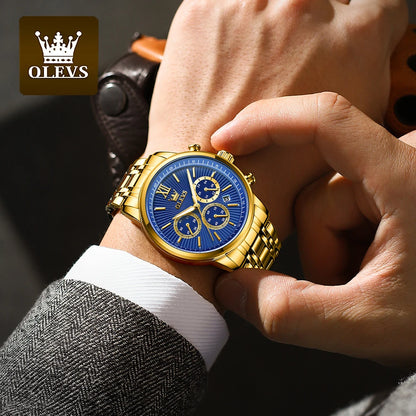 OLEVS Gold Blue Men's Watches Date Chronograph Small Dial Exclusive Design Luxury Business Waterproof Stainless steel Wristwatch
