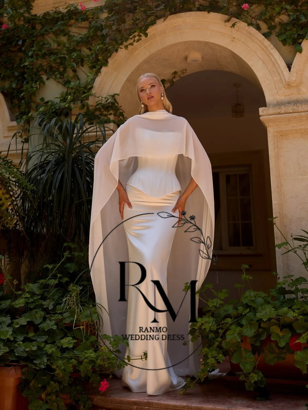 Ranmo White Strapless Mermaid Wedding Dress Sleeveless Satin Vestidos Mujer Detachable Cloak Backless Wedding Gown Customized