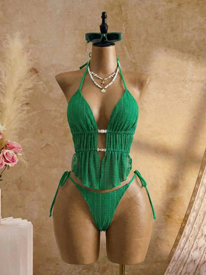Cream Lace Halter Neck Tankini Set With Beaded Detail And Tie Side Bottoms