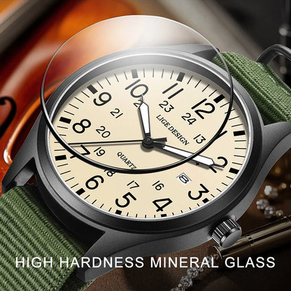LIGE 2025 TOP NEW quartz wristwatch Arabic Watch for Men Luminous Green Nylon Luxury Leather Wrist Men Watch Montre Homme+BOX
